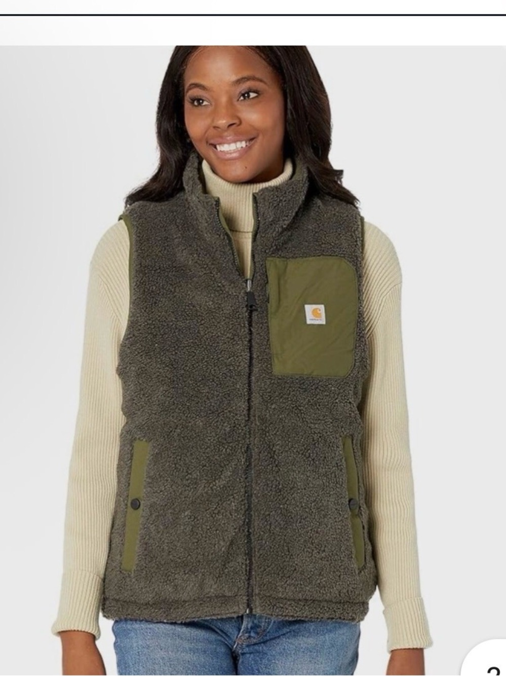Carhartt Reversible Sherpa Vest in Olive Green and Cream